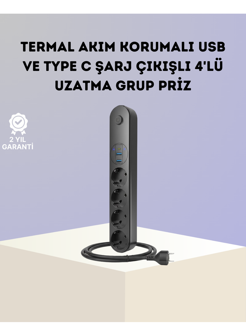 Akım Korumalı Çoklu Priz 4’lü 2 USB 1 Type-C 2500W Güçlü Tasarım