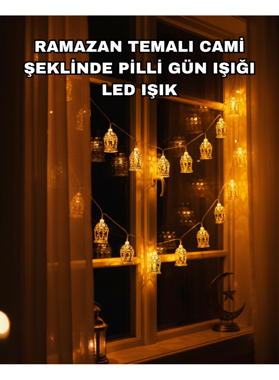 Ev Dekoru İçin Ramazan LED Işık Pilli Sıcak Sarı Cami Figürlü