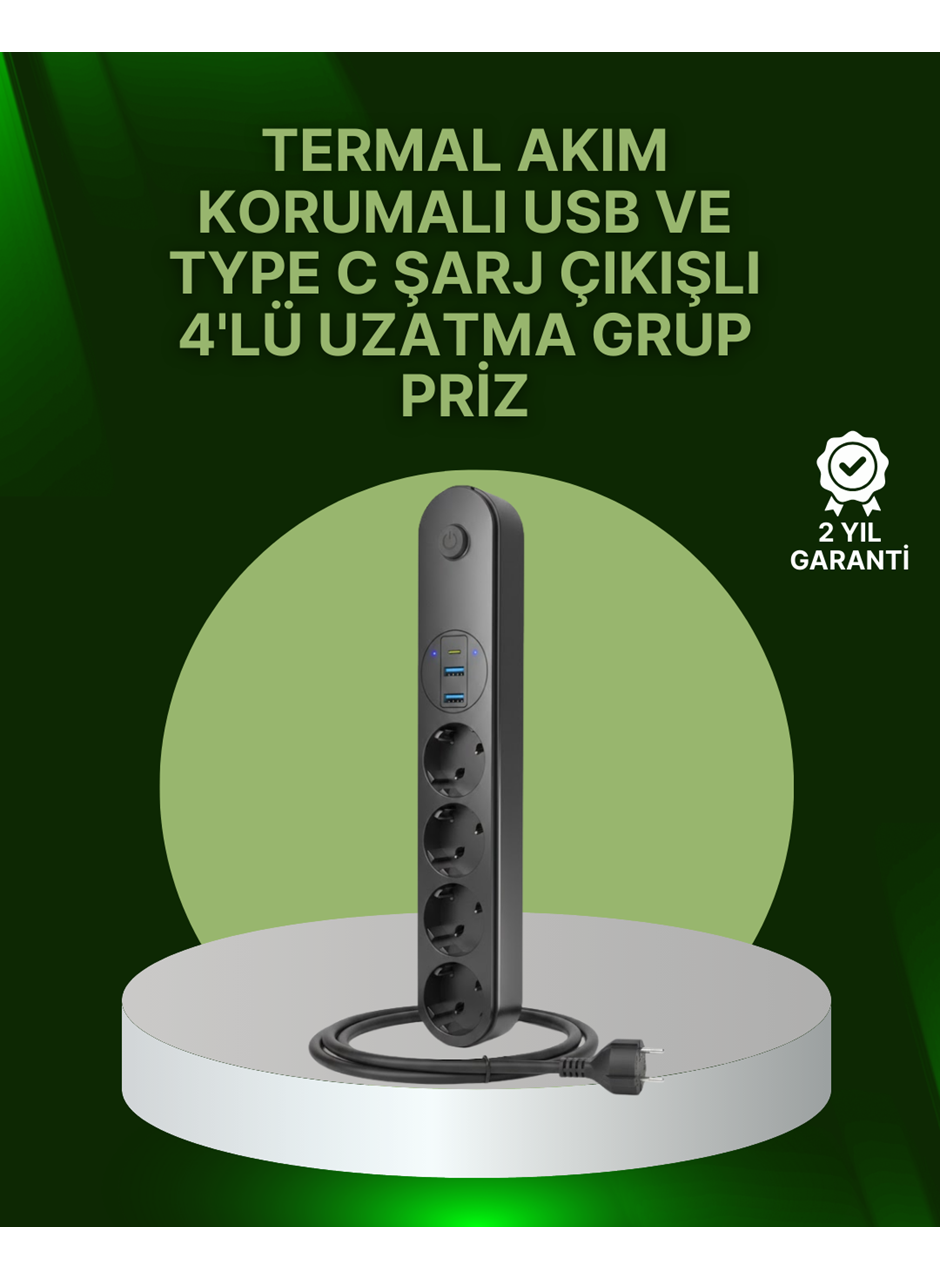4 Priz 2 USB 1 Type-C Akım Korumalı Çoklu Priz Led Anahtarlı