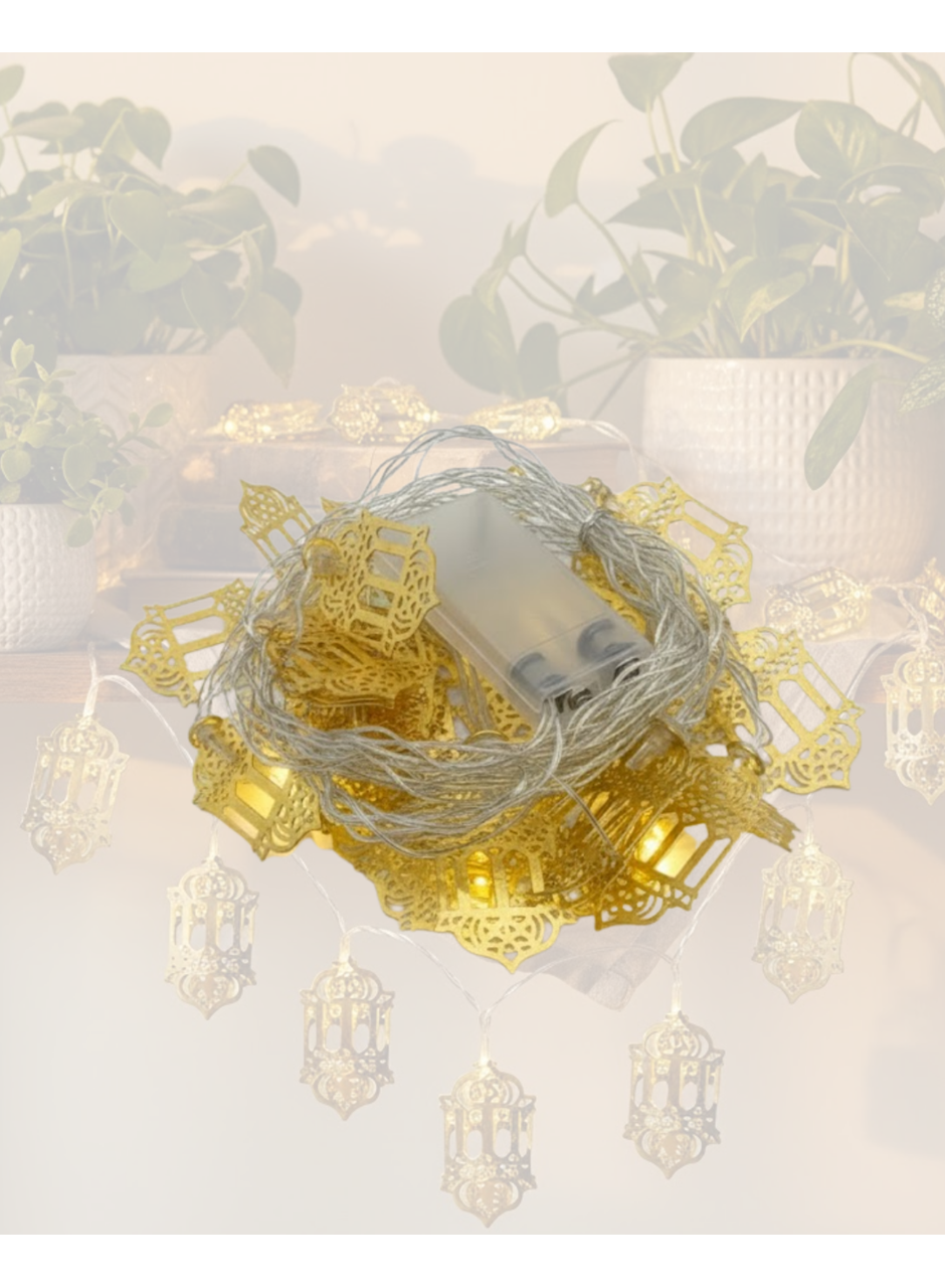 Pilli Altın Fenerli Ramazan Işıkları Dekoratif LED Zincir