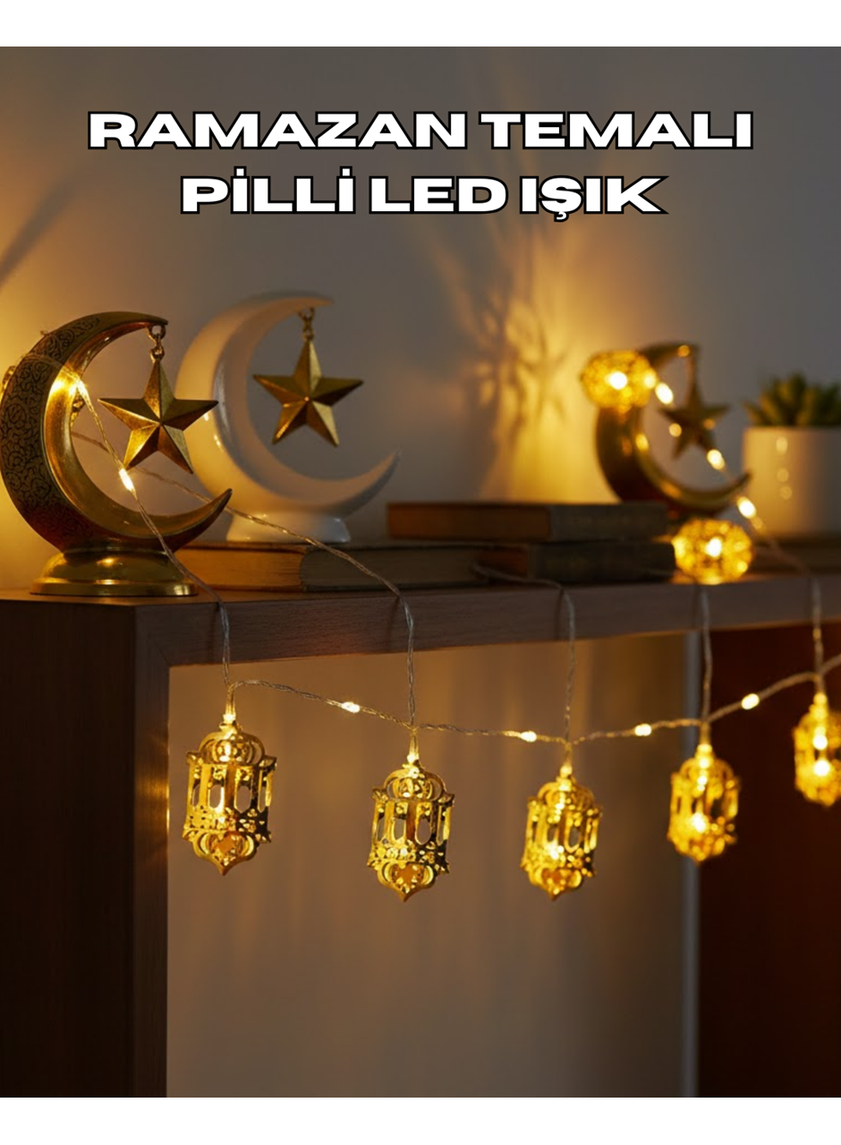 Ramazan Dekoru İçin Pilli LED Işık Altın Fener Tasarımlı