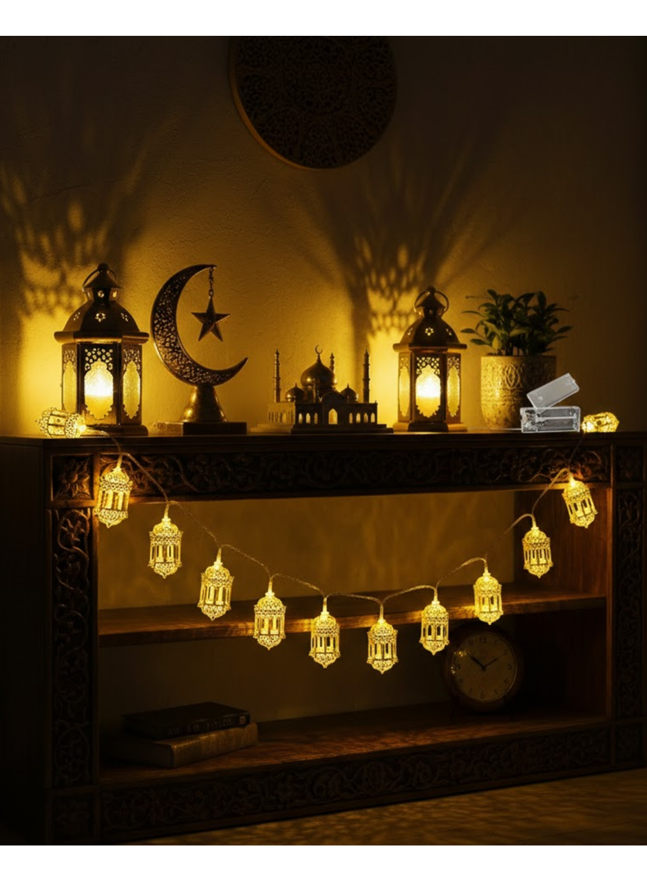 Altın Fener Detaylı Pilli Ramazan LED Işık Ev Dekorasyonu