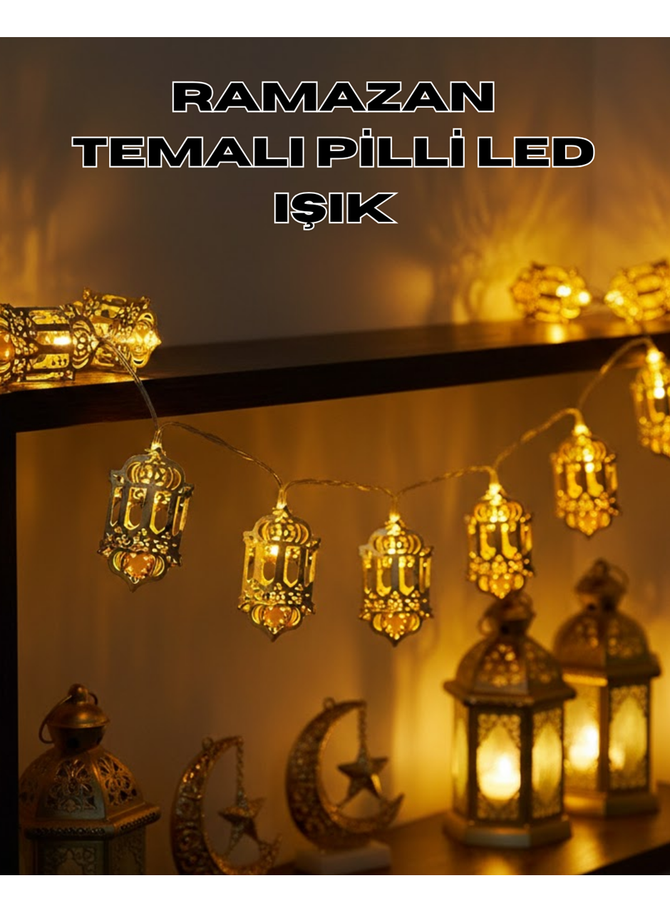 Pilli Ramazan Işıkları Altın Renk Fener Figürlü LED Süsleme