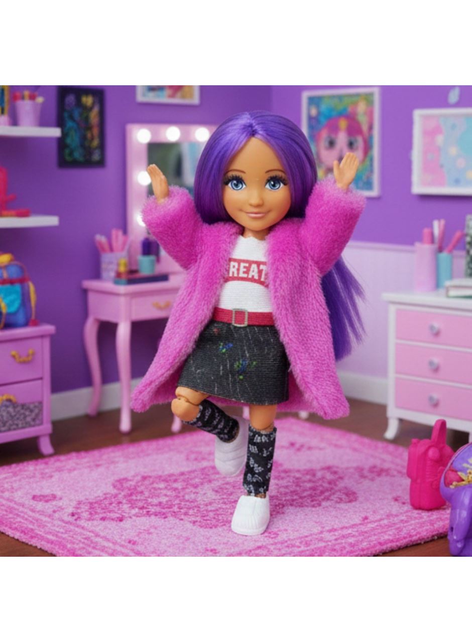 Ankiki Moda İkonu Bebek Figür 13 cm - Mor Saçlı "Great" Stil (Etekli Kombin)