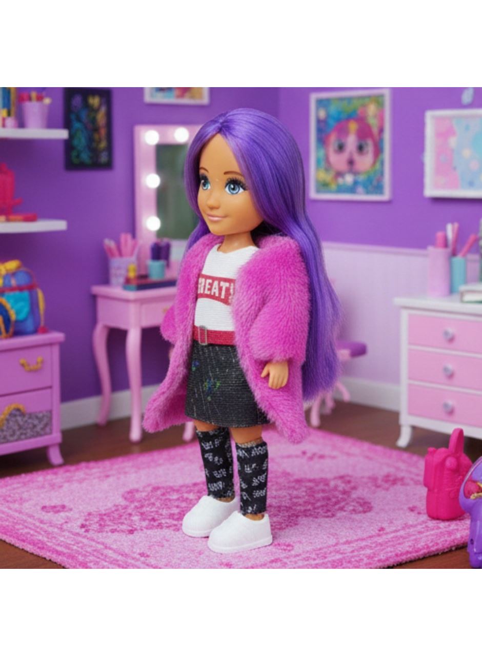 Ankiki Moda İkonu Bebek Figür 13 cm - Mor Saçlı "Great" Stil (Etekli Kombin)