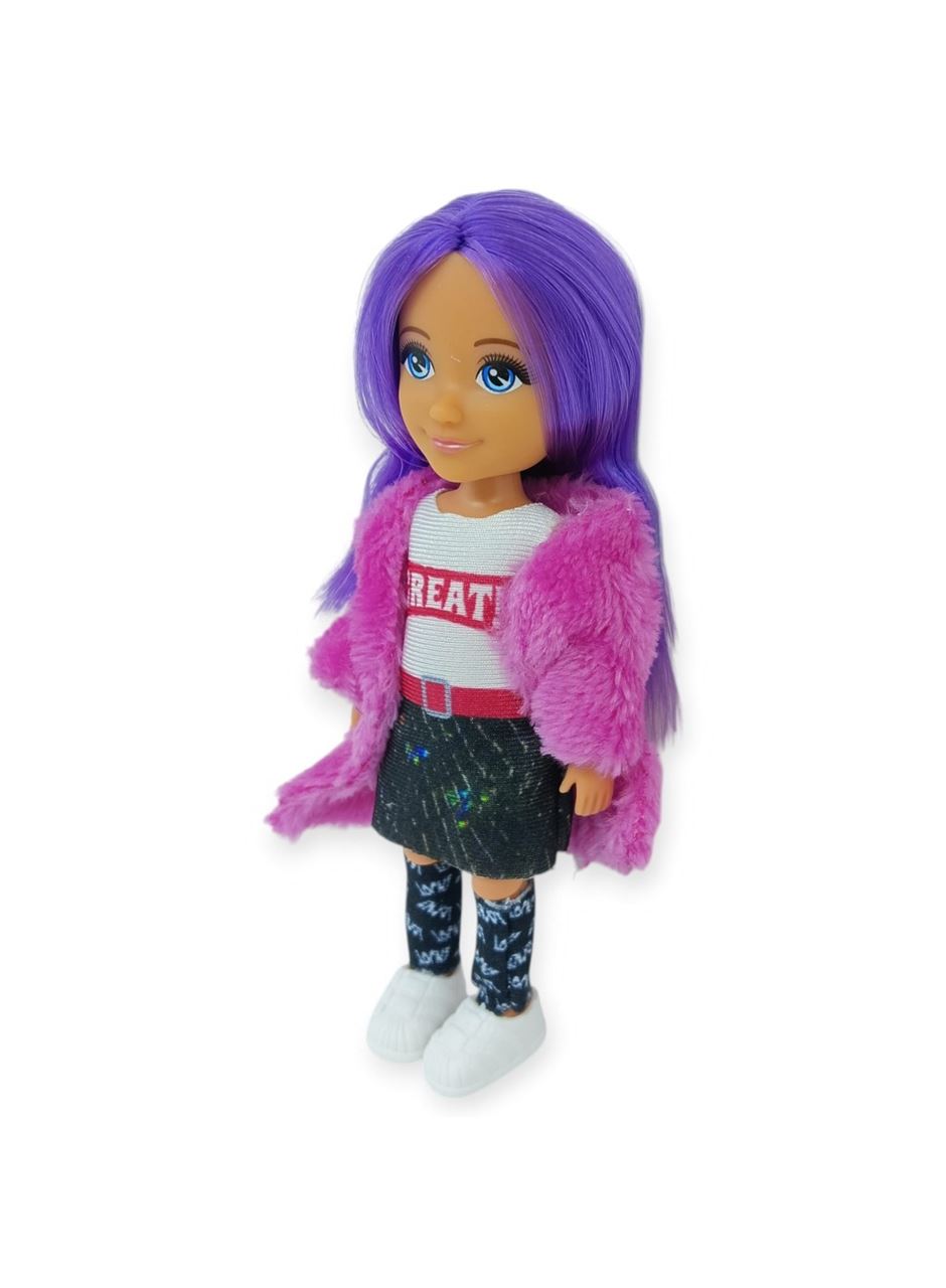 Ankiki Moda İkonu Bebek Figür 13 cm - Mor Saçlı "Great" Stil (Etekli Kombin)