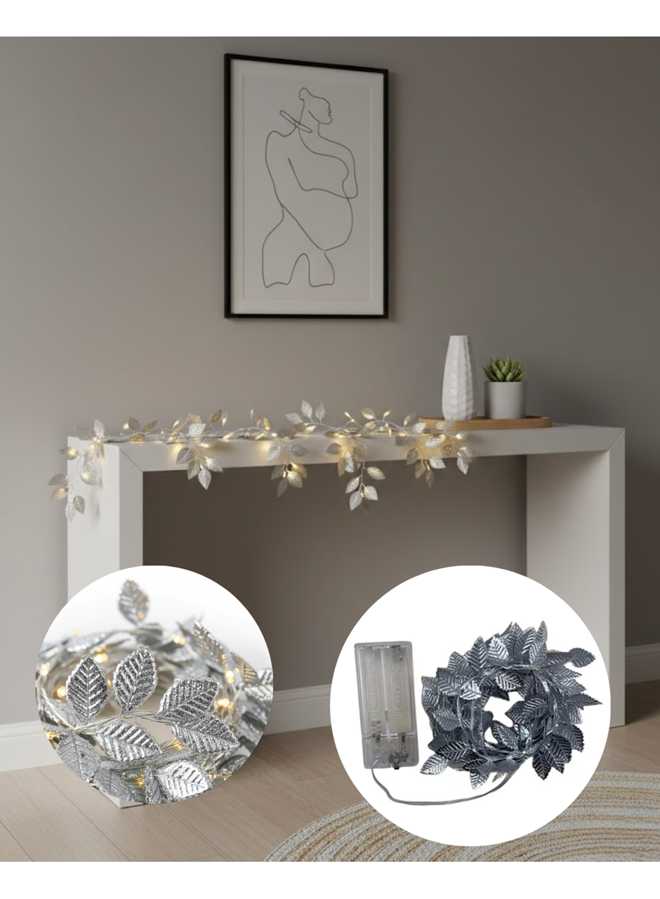 Pilli Gümüş Yaprak LED Işık Ev İçi ve Yılbaşı Dekor Aydınlatması
