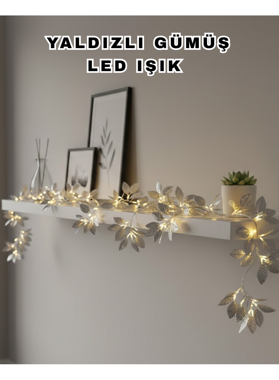 Yaldızlı Gümüş Yaprak LED Işık Pilli Dekoratif Ortam ve Yılbaşı Aydınlatması