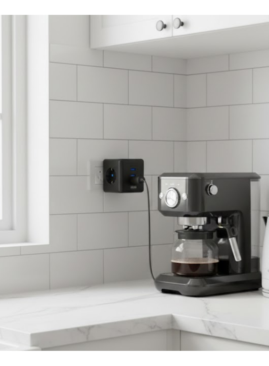 Akım ve Voltaj Korumalı Küp Priz 3 USB Destekli