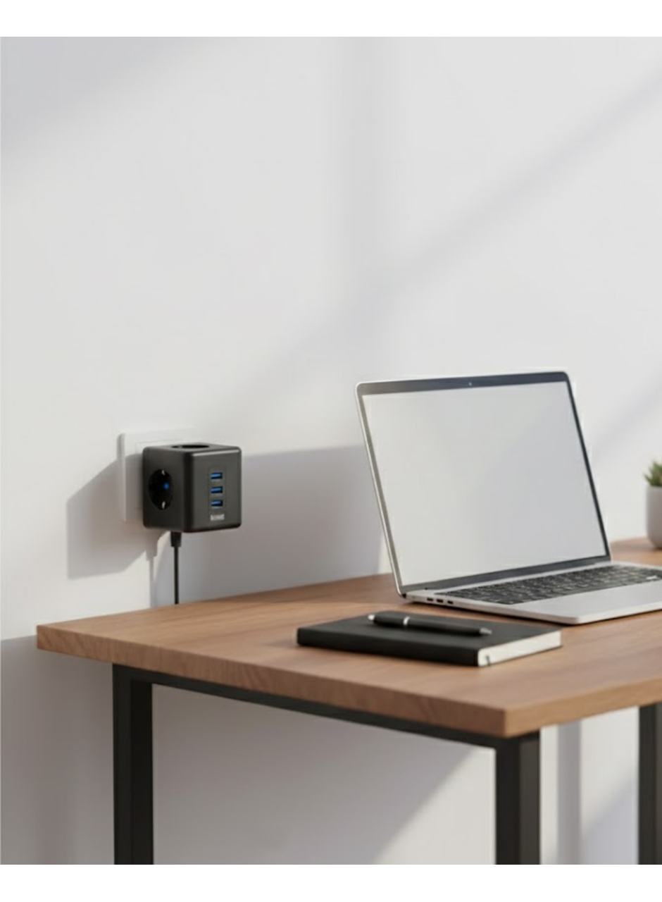 Akım Korumalı Küp Priz 3 Priz Girişi ve 3 USB Şarj Özellikli