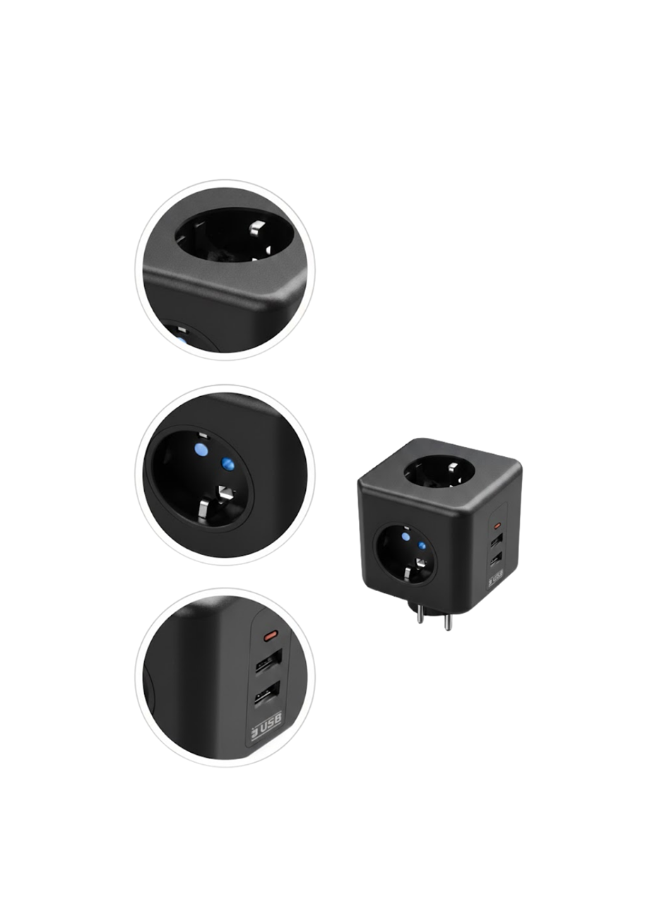 Akım Korumalı Küp Priz 3 Priz Girişi ve 3 USB Şarj Özellikli