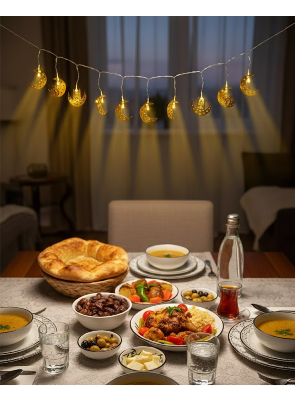 Gold Renk Metal Minareli Hilal LED Işık Pilli Ramazan Süsü