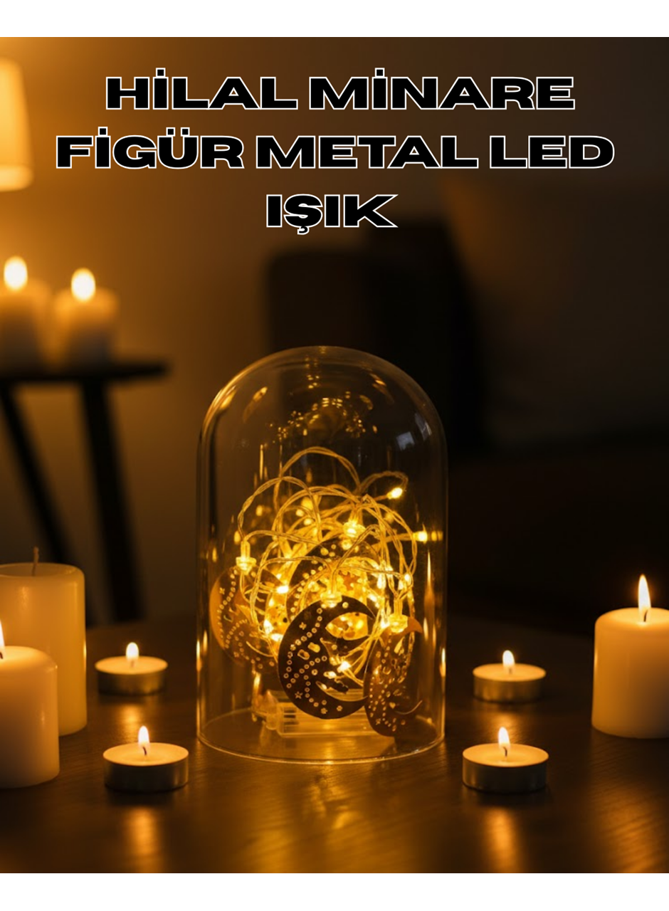Ramazan Minare Detaylı Hilal LED Işık Günışığı Sarı Metal Süs