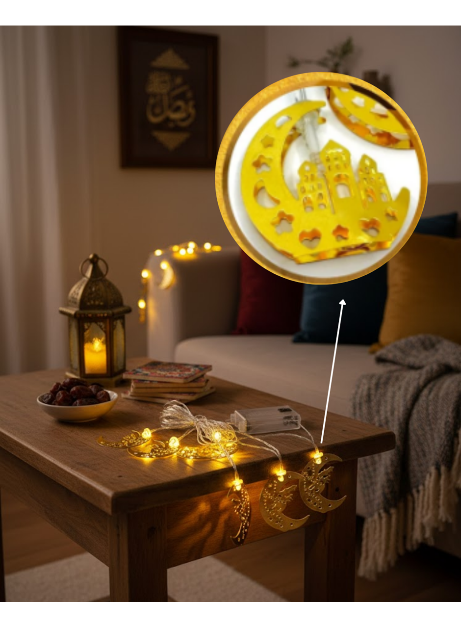 Ramazan Minare Detaylı Hilal LED Işık Günışığı Sarı Metal Süs