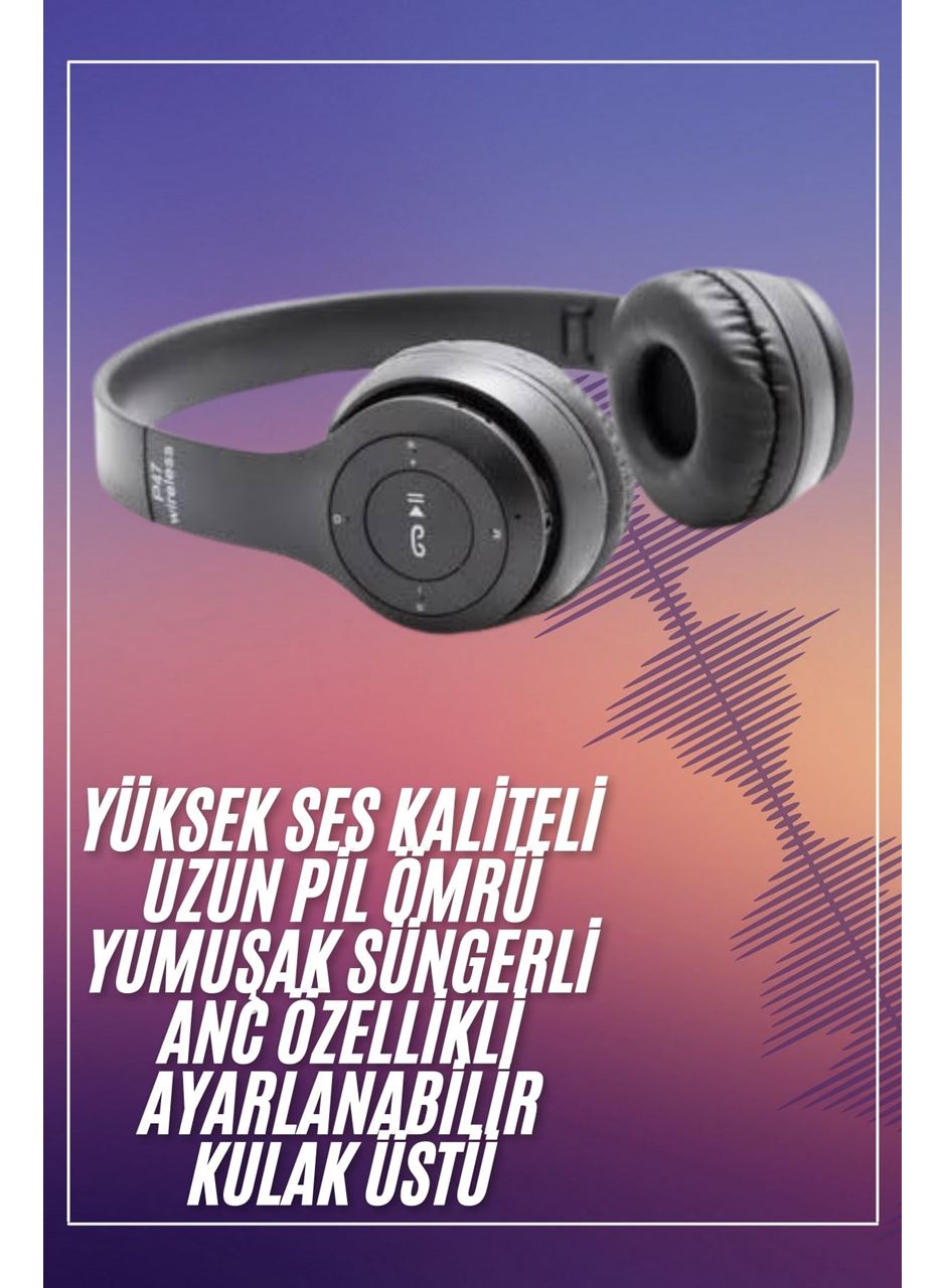 Bluetooth Kablosuz Kulaklık Siyah Wireless 5.0 Kulak Üstü Uzun Pil Ömrü