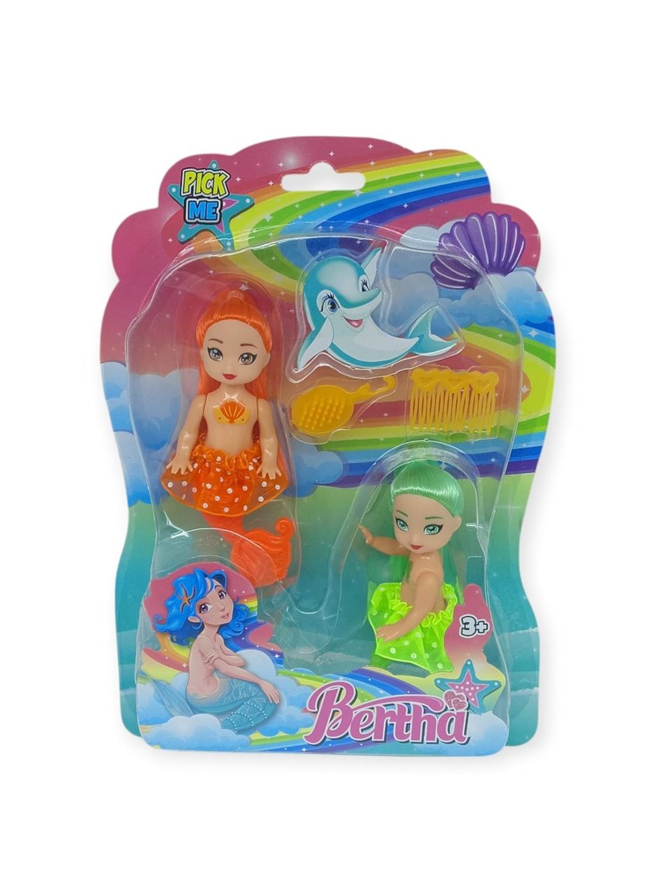 2'li Deniz Kızı Bebek Seti - Hareketli Eklemler ve Aksesuarlı -Turuncu & Yeşil