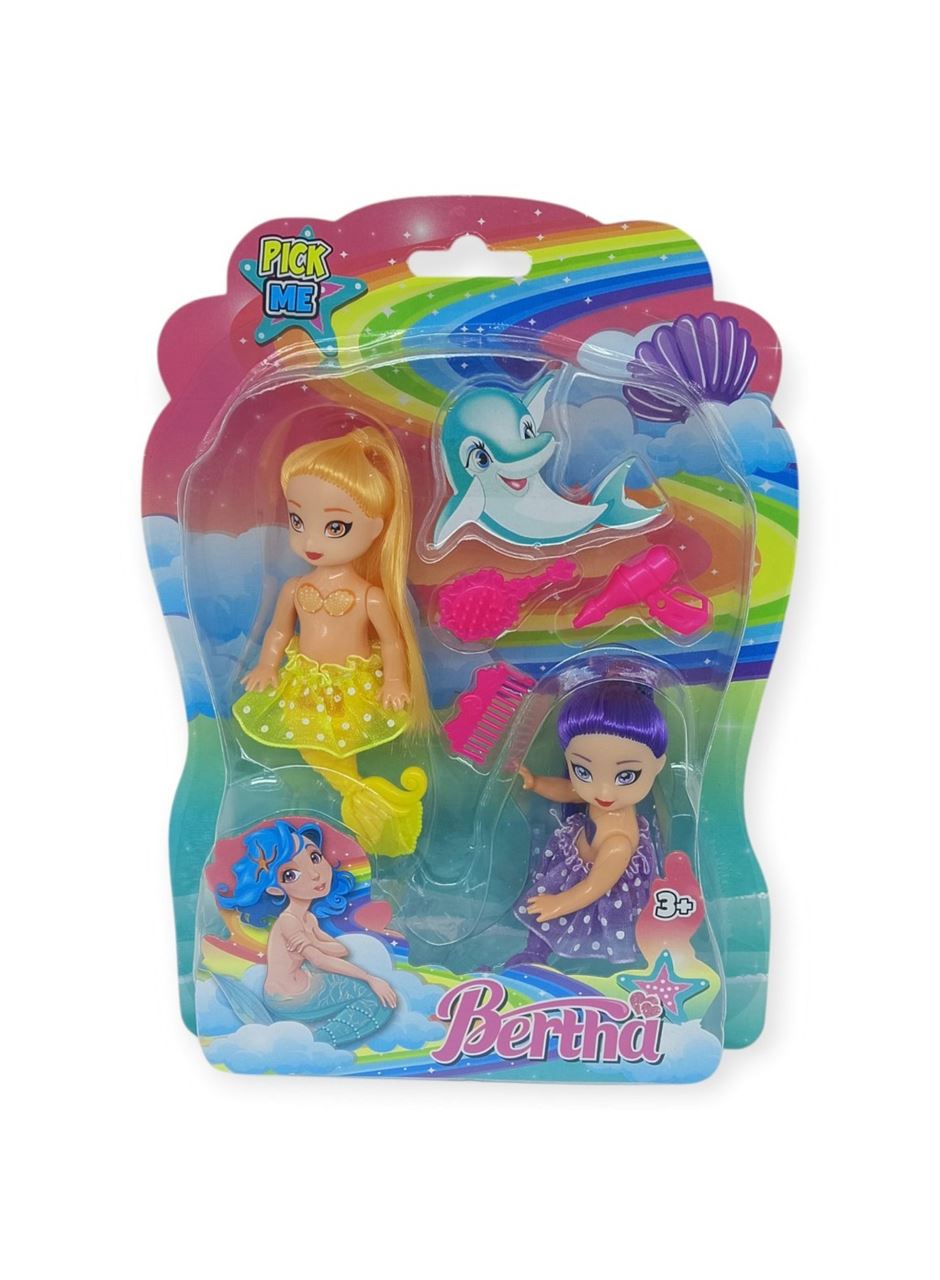 2'li Deniz Kızı Bebek Seti - Hareketli Eklemler ve Aksesuarlı -Sarı & Mor