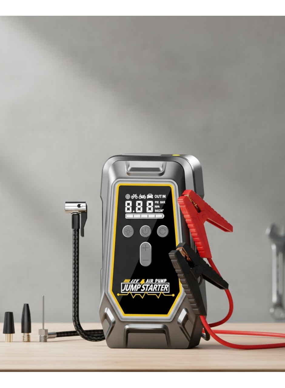 Akü Takviye Lastik Şişirme ve Powerbank Özellikli Çok Fonksiyonlu Cihaz