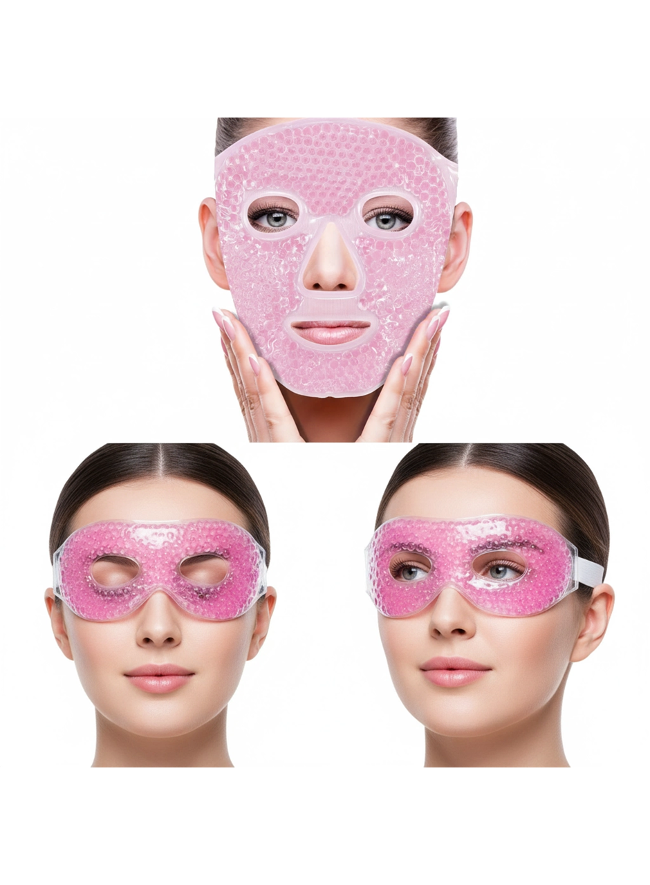 Terapi Jel Boncuklu Yüz ve Göz Maskesi Seti Pembe Sıcak ve Soğuk Kullanım (
