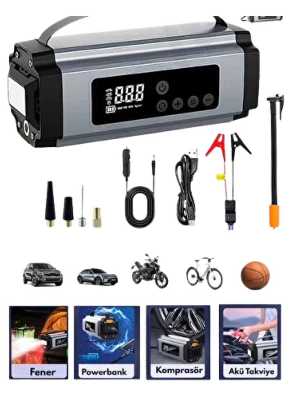Acil Durumlar İçin Çok Fonksiyonlu Araç Akü Takviyesi Hava Kompresörü ve Güç Kaynağı