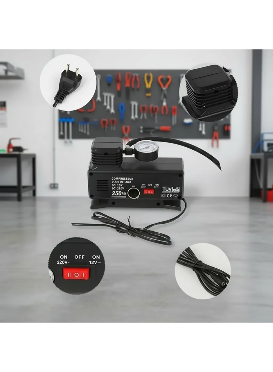 250 PSI Oto Hava Kompresörü - 220V ve 12V Uyumlu Yol Yardım Lastik Şişirme Pompası (