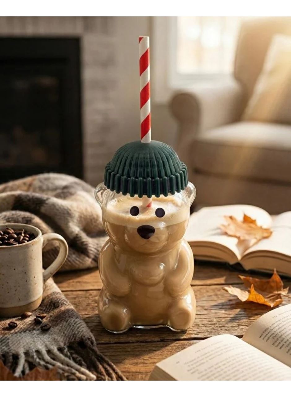 Ayıcık Figürlü Cam Soğuk Içecek Bardağı 500 ml | Kapaklı Pipetli Bearista Teddy Bear Cam Bardak, Soğuk Kahve ve