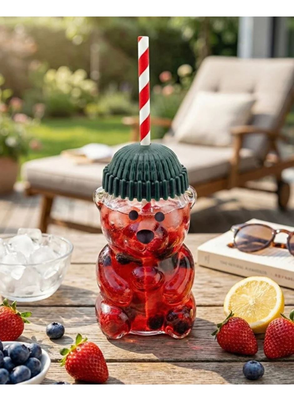 Ayıcık Figürlü Cam Soğuk Içecek Bardağı 500 ml | Kapaklı Pipetli Bearista Teddy Bear Cam Bardak, Soğuk Kahve ve