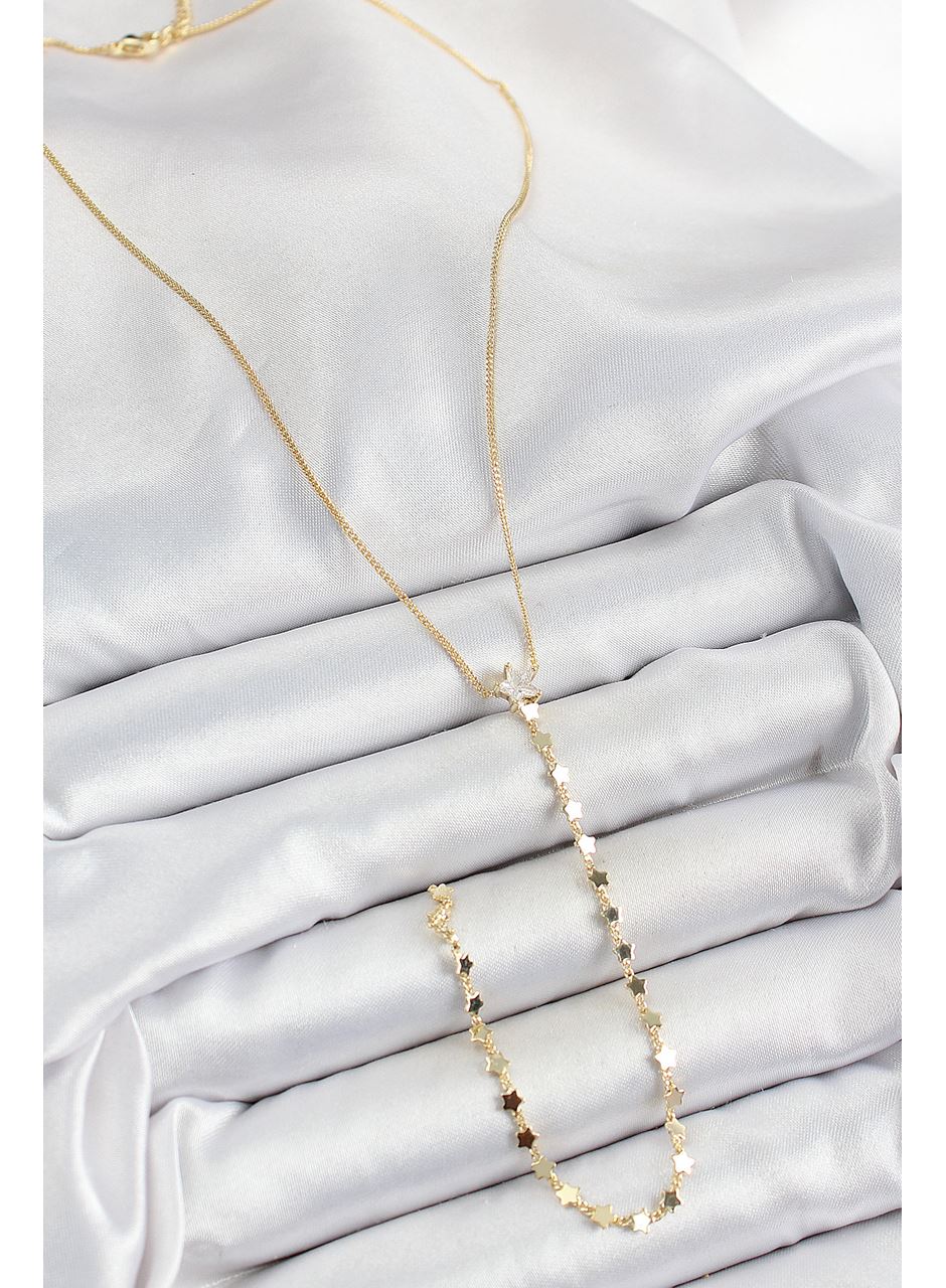 Pirinç Zirkon Taşlı Yıldız Figürlü Y Model Gold Renk Kadın Kolye