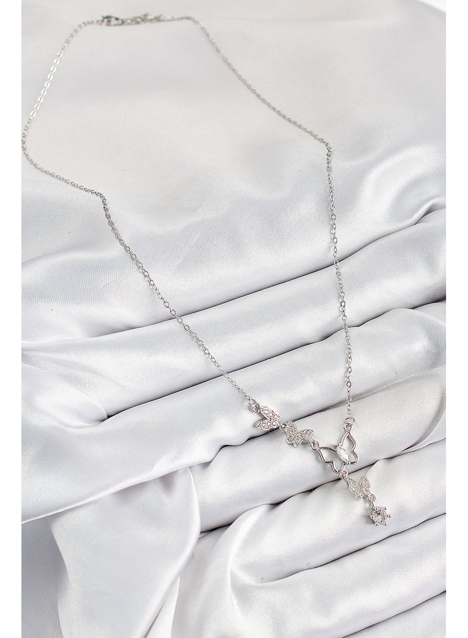 316L Çelik Zirkon Taşlı Kelebek Model Gümüş Renk Kadın Kolye