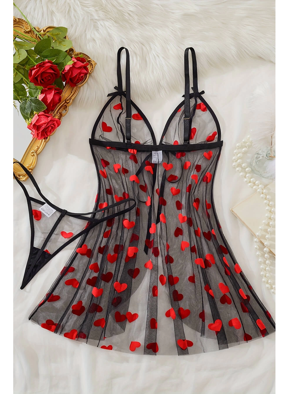 Kalp Desenli Siyah Transparan Tül Gecelik TM1378