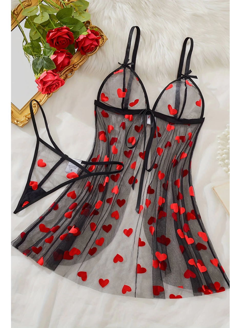 Kalp Desenli Siyah Transparan Tül Gecelik TM1378