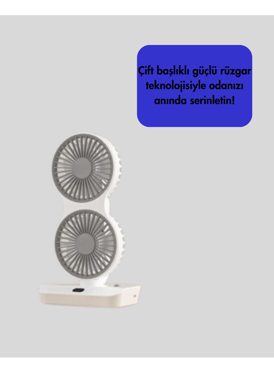Sessiz Çalışan USB Şarjlı Çift Kafalı Masaüstü Fan – Ev ve Ofis İçin