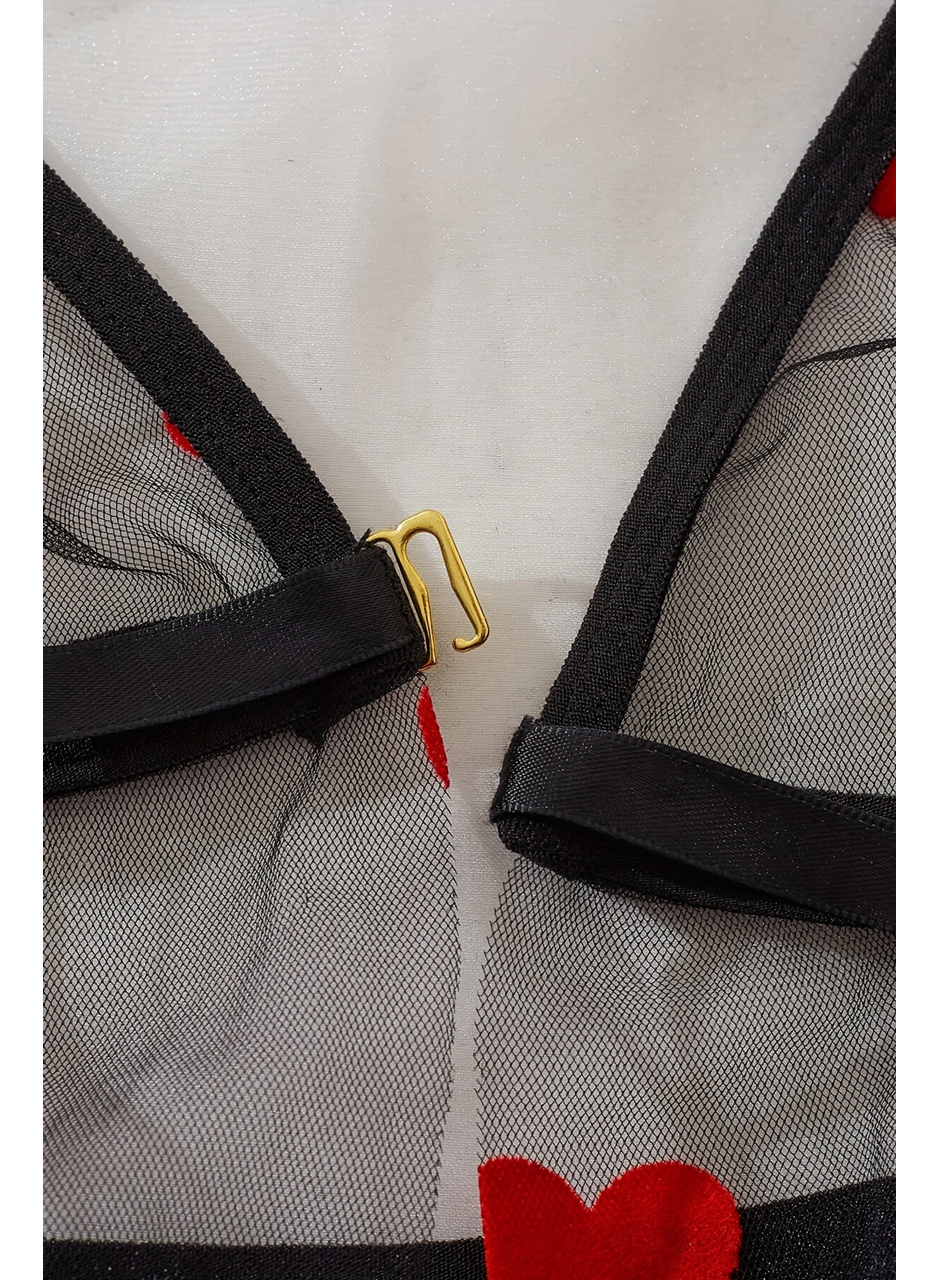 Kalp Desenli Siyah Transparan Tül Gecelik TM1378