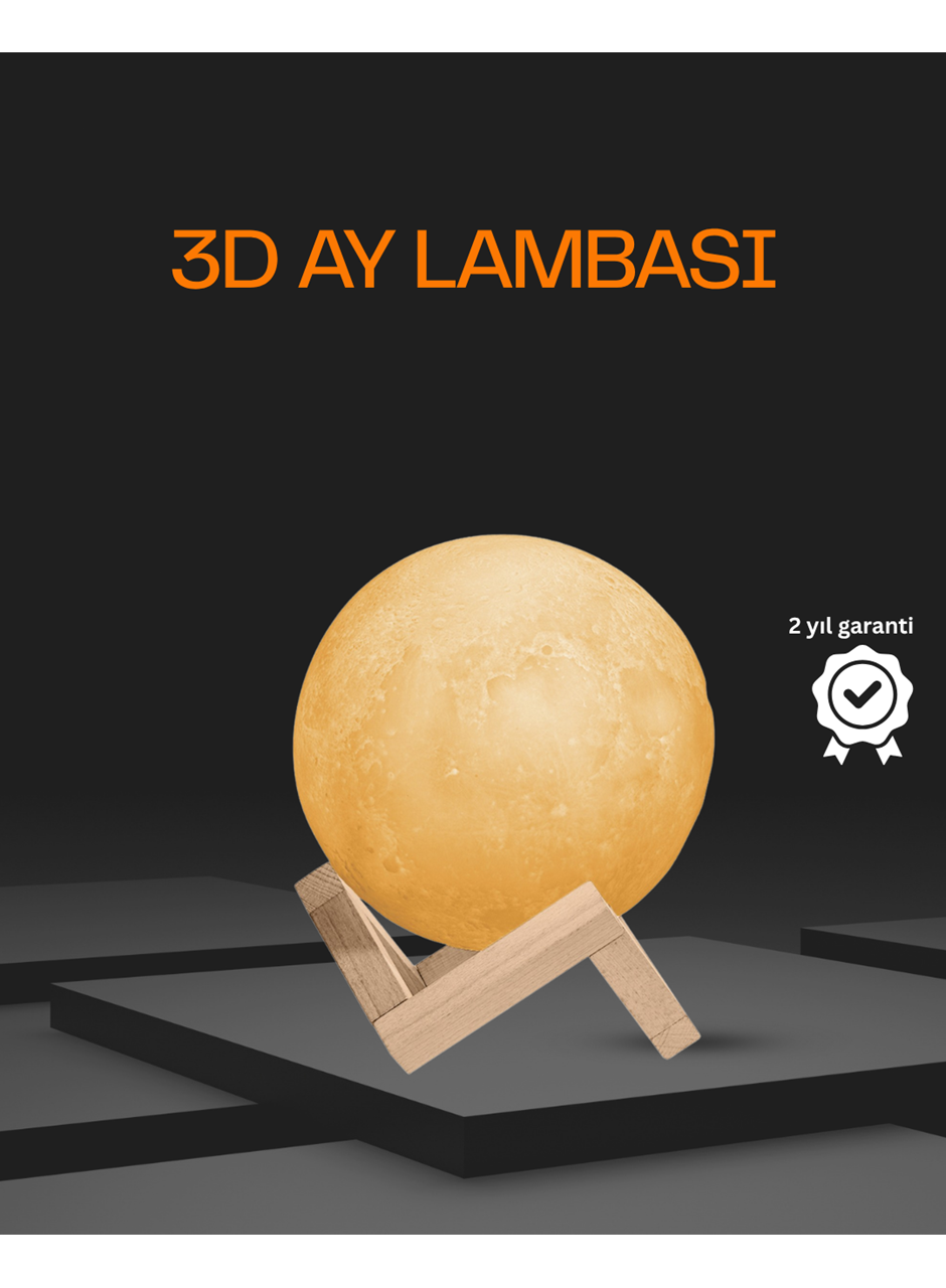 Ahşap Standlı 3D Baskı Ay Lambası 16 Renkli ve Şarjlı