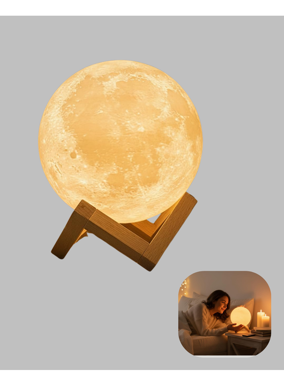 16 Renkli 3D Baskılı Ay Lambası Ahşap Standlı