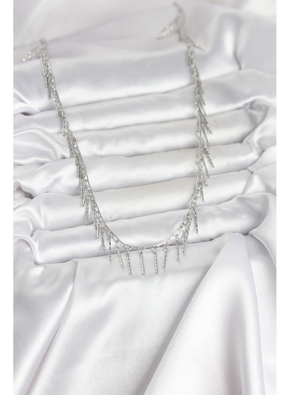 Pirinç Gümüş Renk Saçaklı Model Kadın Kolye