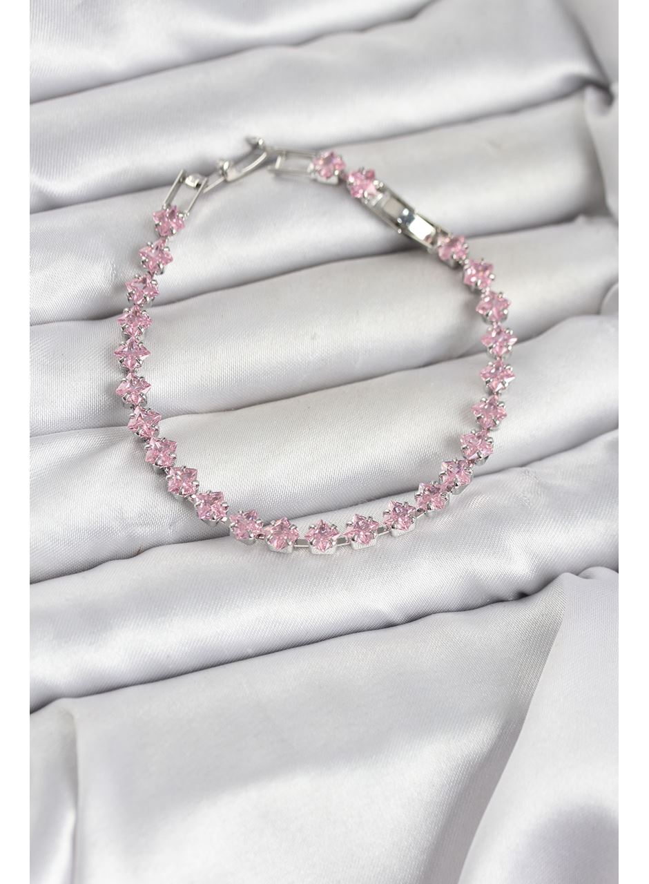 Pembe Kare Zirkon Taşlı Gümüş Renk Pirinç Su Yolu Kadın Bileklik