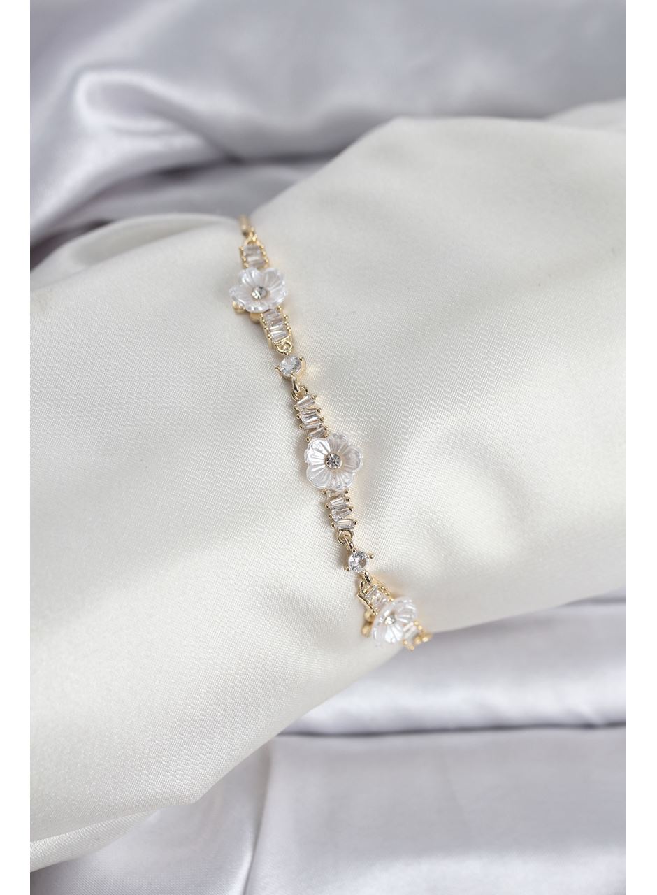 Baget Zirkon Taşlı Çiçek Model Gold Renk Asansörlü Kadın Bileklik