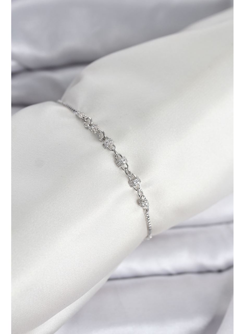 Gümüş Renk Zincir Model Zirkon Taşlı Pirinç Asansörlü Kadın Bileklik