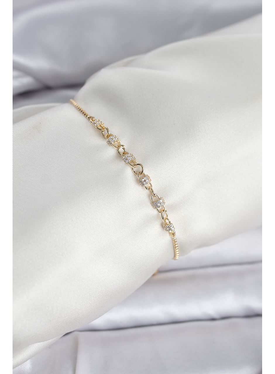 Gold Renk Zincir Model Zirkon Taşlı Pirinç Asansörlü Kadın Bileklik