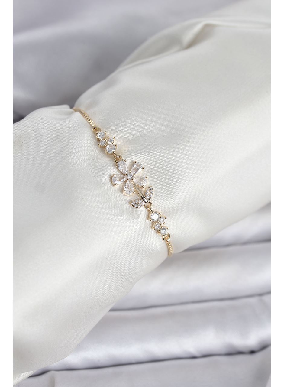 Gold Renk Zirkon Taşlı Papatya Model Asansörlü Kadın Bileklik