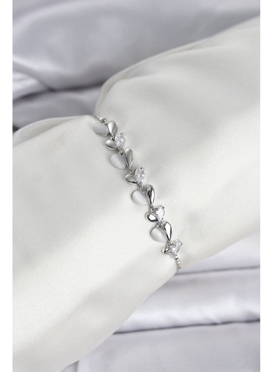Gümüş Renk Zirkon Taşlı Sıralı Damla Model Asansörlü Kadın Bileklik