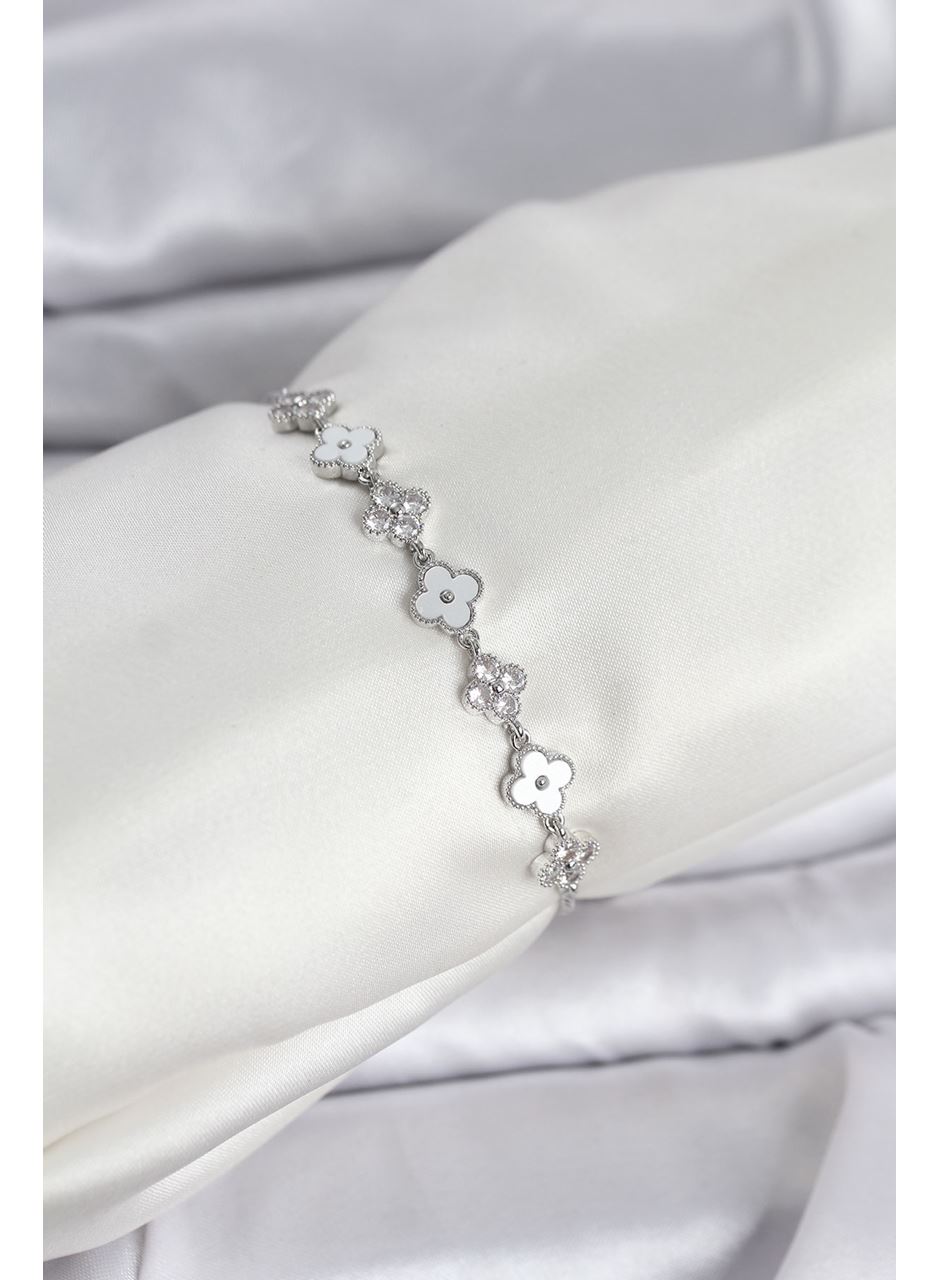 Gümüş Renk Zirkon Taşlı Sıralı Yonca Model Asansörlü Kadın Bileklik