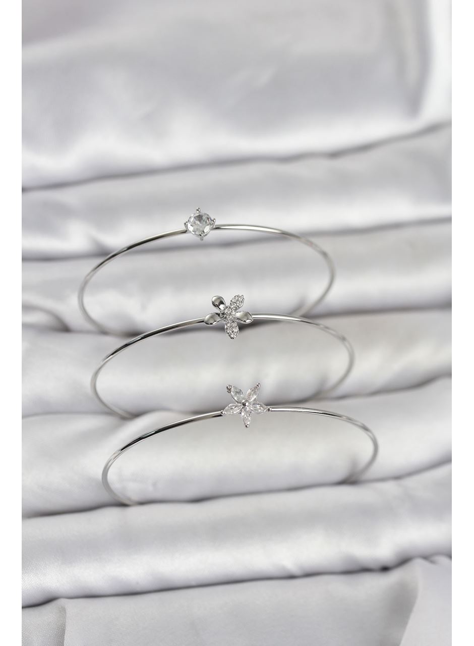 Gümüş Renk Zirkon Taşlı Pirinç 3'lü Kadın Bileklik Kombini