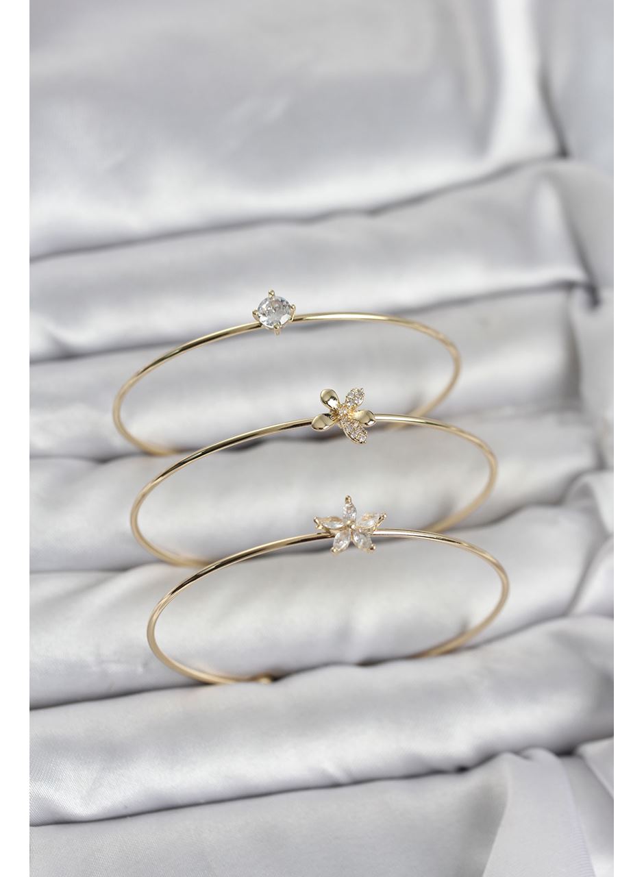 Gold Renk Zirkon Taşlı Pirinç 3'lü Kadın Bileklik Kombini