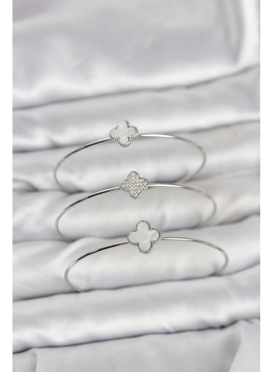 Gümüş Renk Yonca Model Zirkon Taşlı 3'lü Kadın Bileklik Kombini