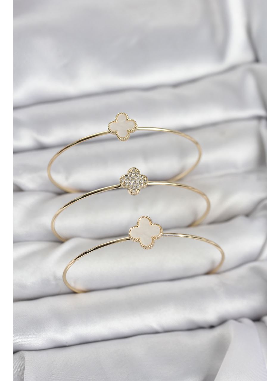 Gold Renk Yonca Model Zirkon Taşlı 3'lü Kadın Bileklik Kombini