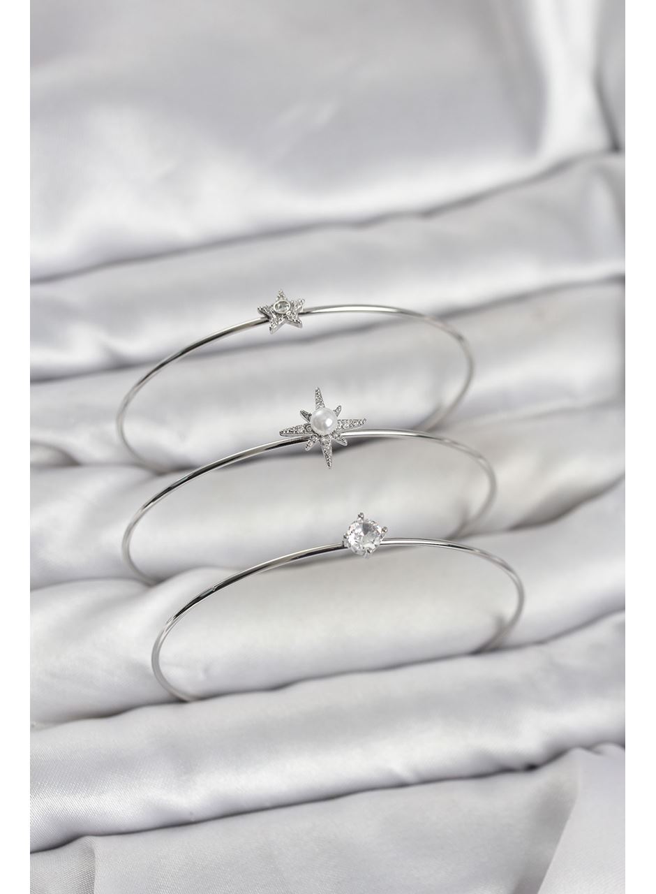 Gümüş Renk Kutup Yıldızı Model Zirkon Taşlı 3'lü Kadın Bileklik Kombini