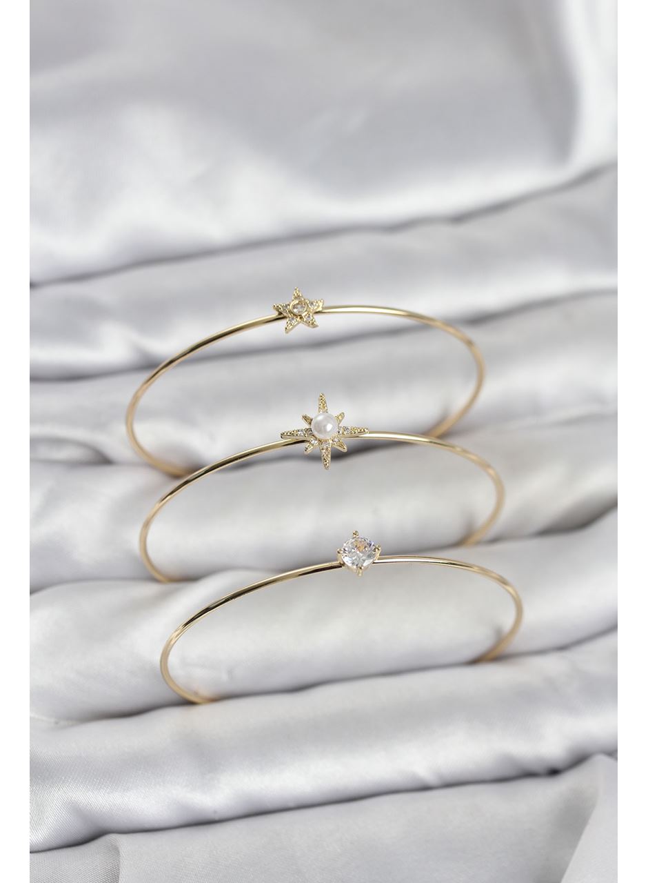 Gold Renk Kutup Yıldızı Model Zirkon Taşlı 3'lü Kadın Bileklik Kombini