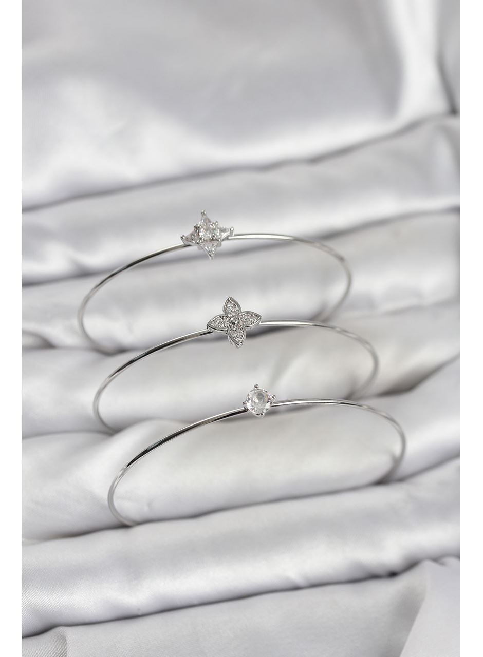 Zirkon Taşlı Gümüş Renk Yonca Model 3'lü Kadın Bileklik Kombini